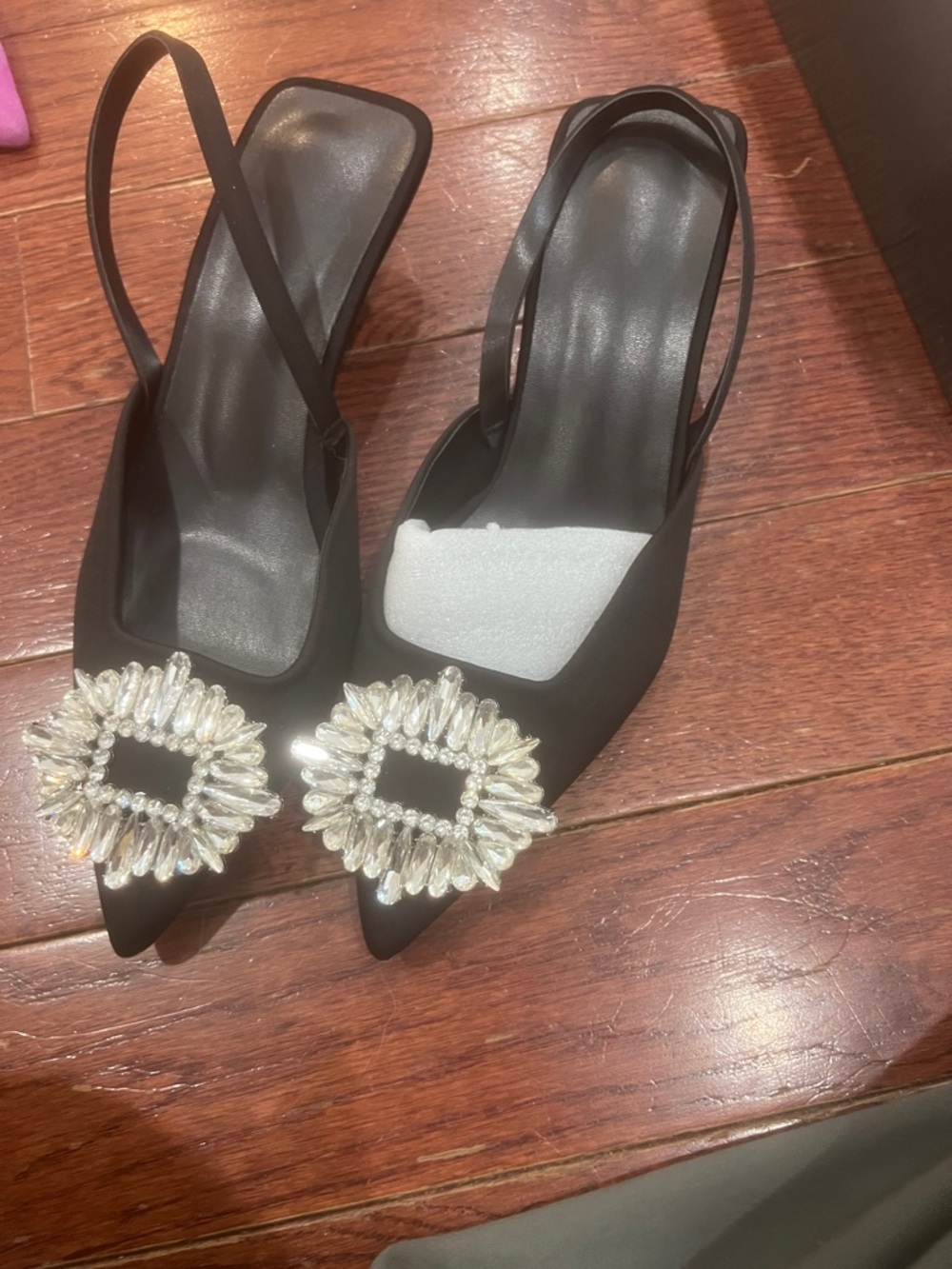 Slingback Pointed-Toe Flats with Crystal Buckle - Black